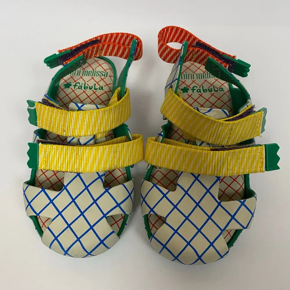 Mini Melissa White Blue Grid Sandals with Yellow, Green & Red Accents